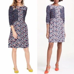 BODEN Hotchpotch Shift Dress Blue Floral Pleated Keyhole 3/4 Sleeve Size 12